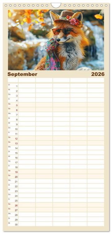 Produktbild: Familienplaner 2026 - Fuchsige Eskapaden. Reineke mit noblen Accessoires mit 5 Spalten (Wandkalender, 21 x 45 cm) CALVENDO