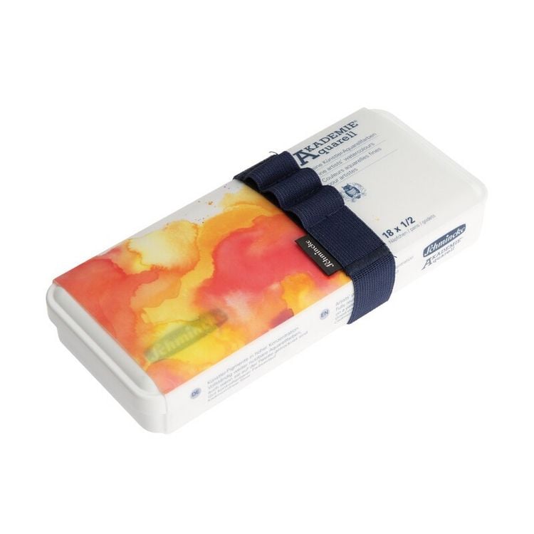 Produktbild: Schmincke AKADEMIE Aquarell Malkasten, Kunststoffset, 18 x 1/2 N&auml;pfchen mit Gummiband
