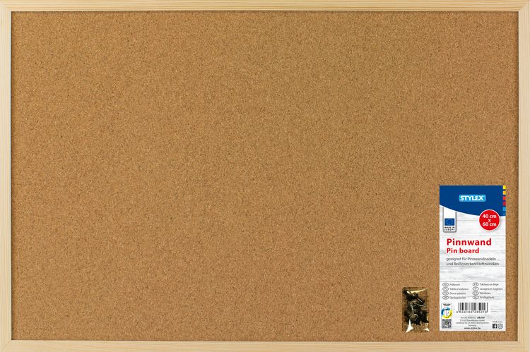 Produktbild: STYLEX Pinnwand inkl. Rei&szlig;zwecken und Heftzwecken aus Kork 40x60cm