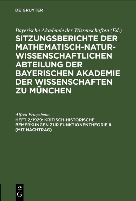Produktbild: Kritisch-historische Bemerkungen zur Funktionentheorie II. (mit Nachtrag)
