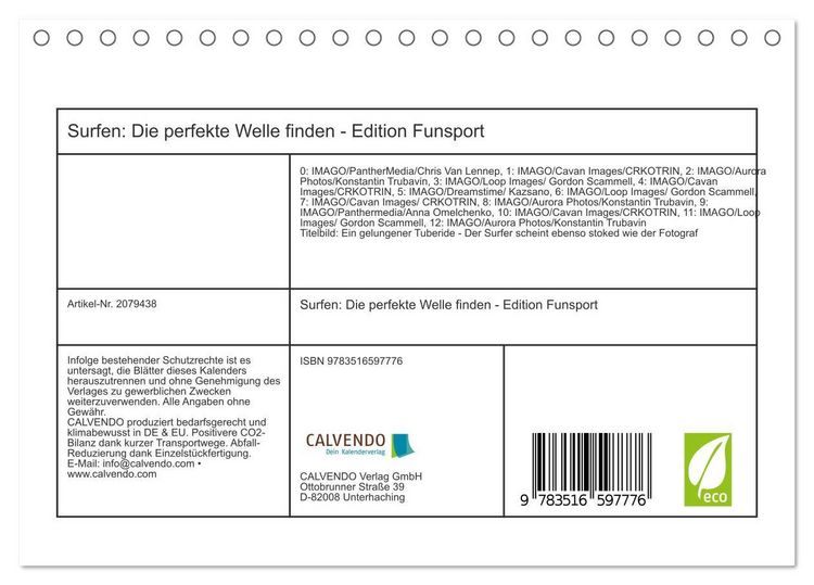 Produktbild: Surfen: Die perfekte Welle finden - Edition Funsport (Tischkalender 2026 DIN A5 quer), CALVENDO Monatskalender