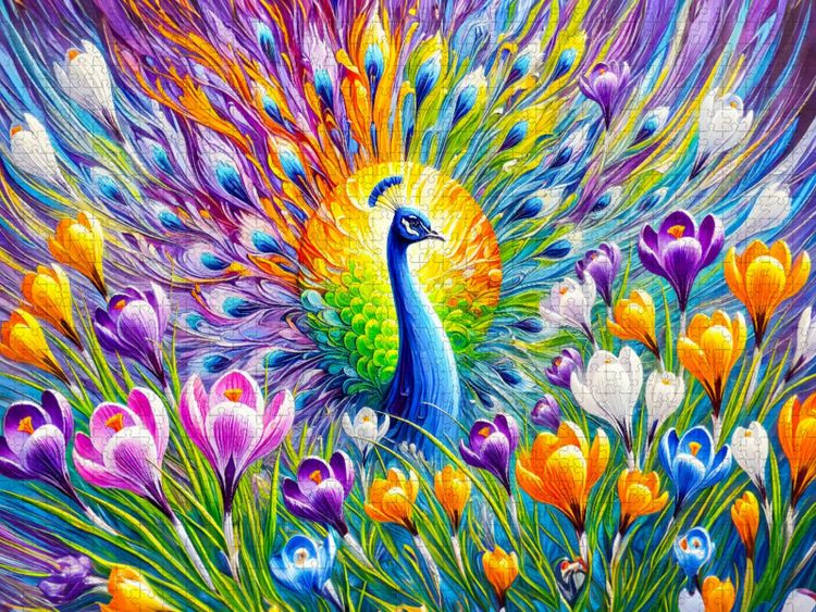 Produktbild: CALVENDO Puzzle Abstrakter Pfau mit Krokussen in farbenfroher &Ouml;lmalerei | 1000 Teile Lege-Gr&ouml;&szlig;e 64x48cm Foto-Puzzle f&uuml;r gl&uuml;ckliche Stunden