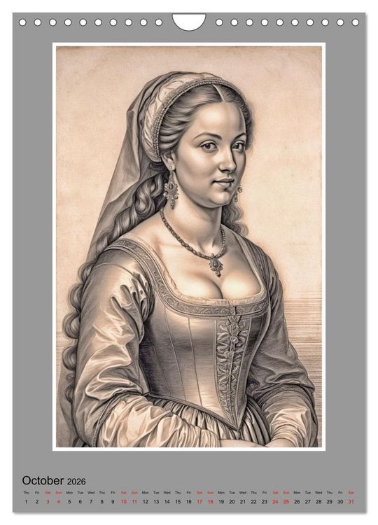 Produktbild: Baroque Beauties, Pencil Art with Artificial Intelligence (Wall Calendar 2026 DIN A4 portrait), CALVENDO 12 Month Wall Calendar