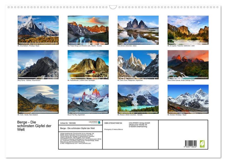 Produktbild: Berge - Die sch&ouml;nsten Gipfel der Welt (Wandkalender 2026 DIN A2 quer), CALVENDO Monatskalender