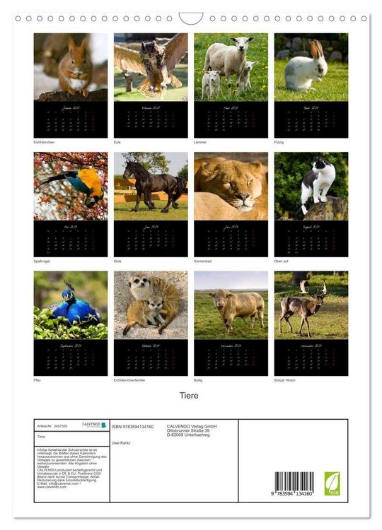 Produktbild: Tiere (Wandkalender 2027 DIN A3 hoch), CALVENDO Monatskalender