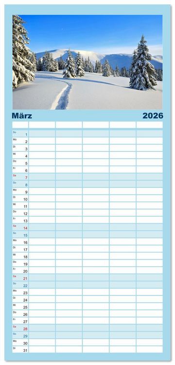 Produktbild: Familienplaner 2026 - Skimountaineering - Erobere die Berge im Winter mit 5 Spalten (Wandkalender, 21 x 45 cm) CALVENDO