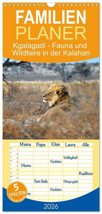 Produktbild: Familienplaner 2026 - Kgalagadi - Fauna und Wildtiere in der Kalahari mit 5 Spalten (Wandkalender, 21 x 45 cm) CALVENDO