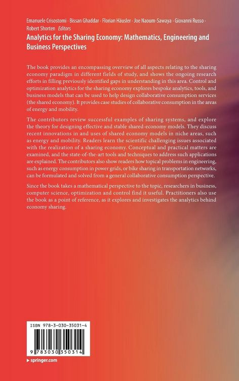 Produktbild: Analytics for the Sharing Economy: Mathematics, Engineering and Business Perspectives