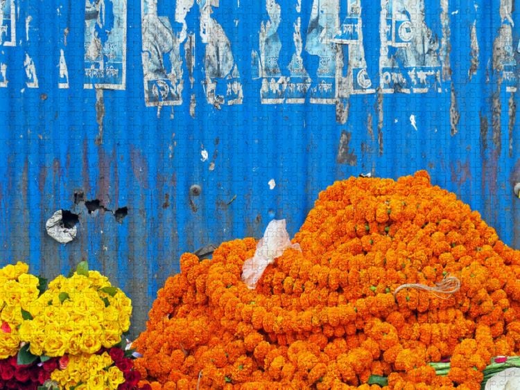 Produktbild: CALVENDO Puzzle Blaue Wand auf dem Blumenmarkt | 1000 Teile Lege-Gr&ouml;&szlig;e 64x48cm Foto-Puzzle f&uuml;r gl&uuml;ckliche Stunden