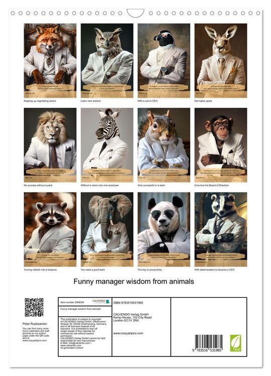 Produktbild: Funny manager wisdom from animals (Wall Calendar 2026 DIN A3 portrait), CALVENDO 12 Month Wall Calendar