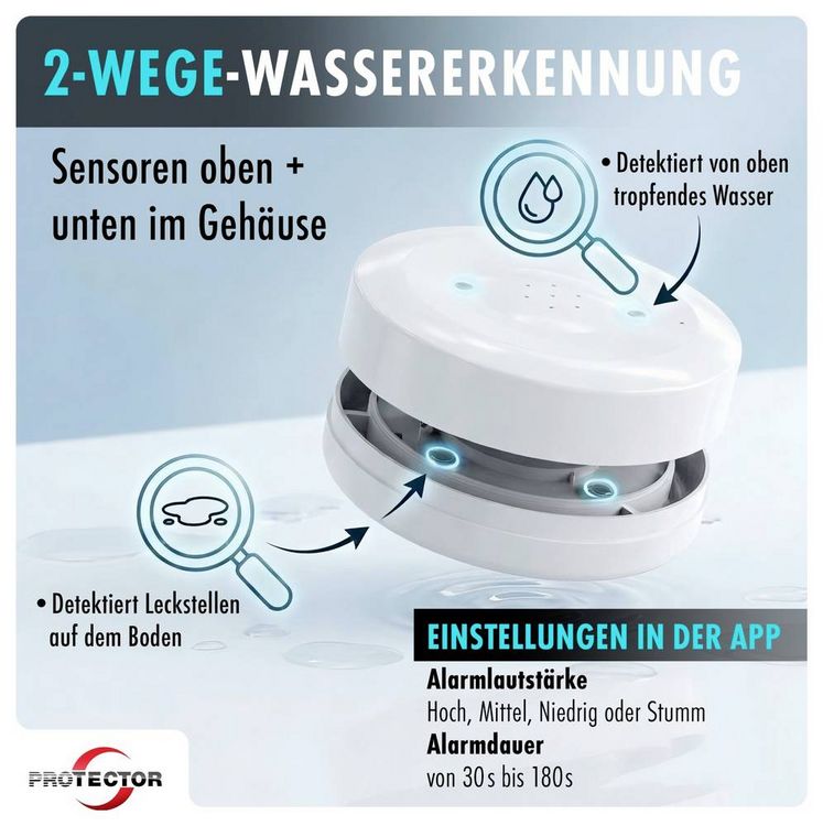 Produktbild: Protector 15045 WA-3 Wassermelder mit WIFI-Alarmweiterleitung mit App-Steuerung batteriebetrieben
