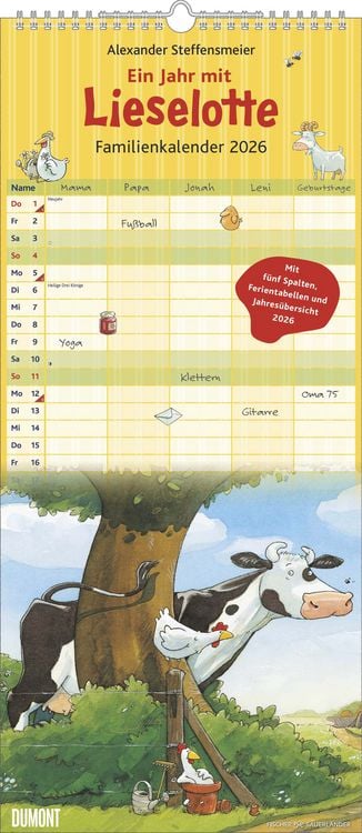 Produktbild: Die Kuh Lieselotte Familienkalender 2026 – Von Alexander Steffenmeier – Familienplaner mit 5 Spalten – Format 22 x 49,5 cm