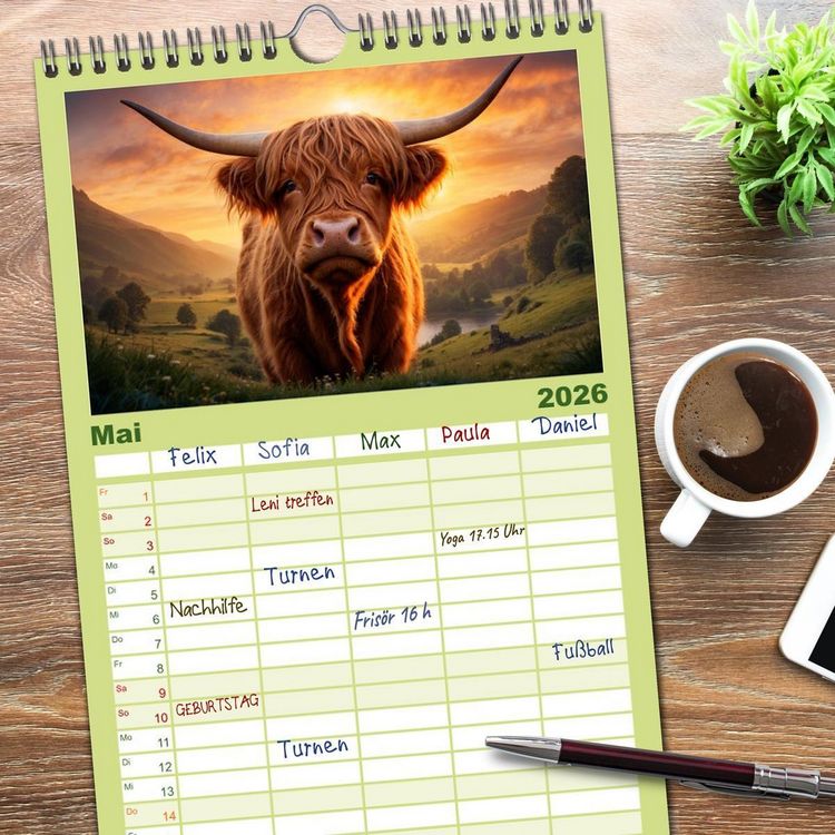 Produktbild: Familienplaner 2026 - Highland K&uuml;he mit 5 Spalten (Wandkalender, 21 x 45 cm) CALVENDO
