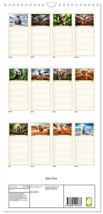 Produktbild: Familienplaner 2027 - Baby-Tiere mit 5 Spalten (Wandkalender, 21 x 45 cm) CALVENDO