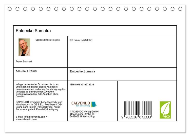 Produktbild: Entdecke Sumatra (Tischkalender 2026 DIN A5 quer), CALVENDO Monatskalender