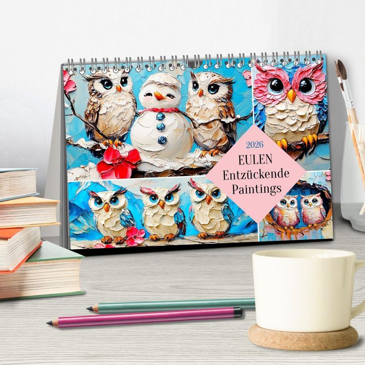 Produktbild: Eulen. Entz&uuml;ckende Paintings (Tischkalender 2026 DIN A5 quer), CALVENDO Monatskalender