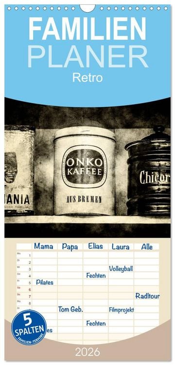 Produktbild: Familienplaner 2026 - Retro mit 5 Spalten (Wandkalender, 21 x 45 cm) CALVENDO
