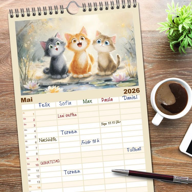 Produktbild: Familienplaner 2026 - Pastellpf&ouml;tchen. Liebliche Katzen in sanften Farben mit 5 Spalten (Wandkalender, 21 x 45 cm) CALVENDO