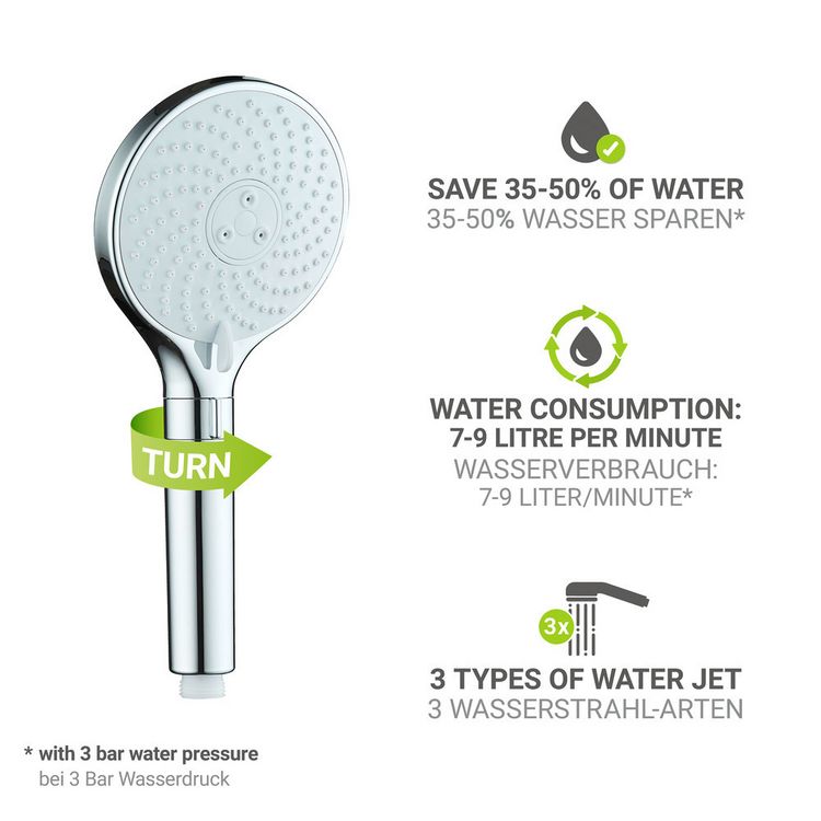 Produktbild: Duschkopf Mod. Water Saving, 12 cm, chrom, ABS, wei&szlig;, 3 Funktionen, wassersparend