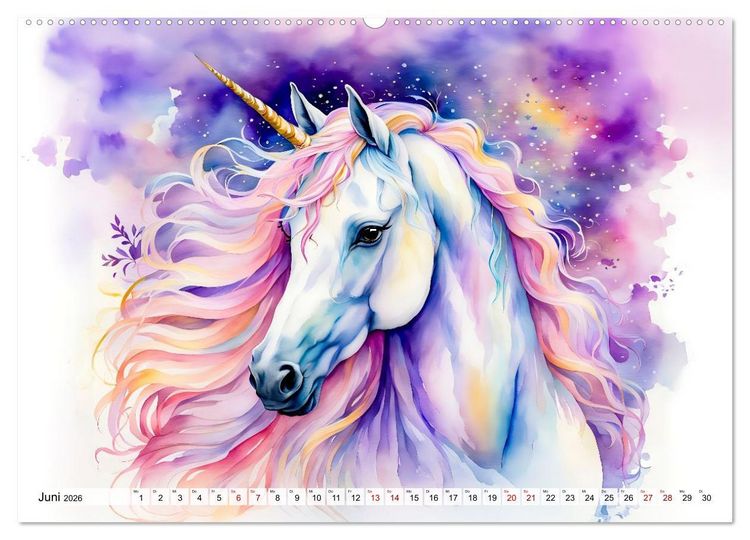 Produktbild: Magische Einh&ouml;rner - Traumlandschaften unterm Regenbogen (hochwertiger Premium Wandkalender 2026 DIN A2 quer), Kunstdruck in Hochglanz