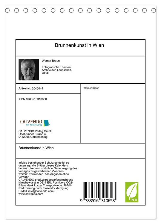 Produktbild: Brunnenkunst in Wien (Tischkalender 2026 DIN A5 hoch), CALVENDO Monatskalender