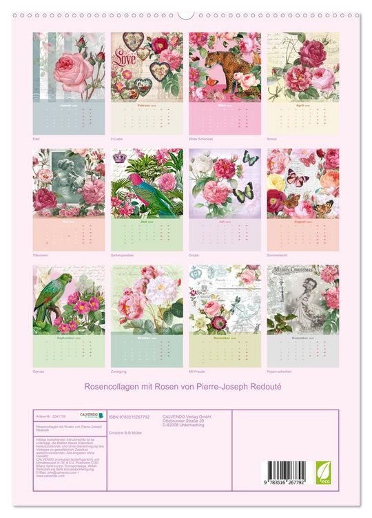 Produktbild: Rosencollagen mit Rosen von Pierre-Joseph Redout&eacute; (hochwertiger Premium Wandkalender 2026 DIN A2 hoch), Kunstdruck in Hochglanz