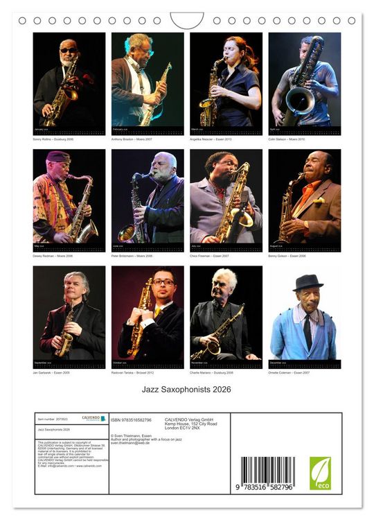 Produktbild: Jazz Saxophonists 2026 (Wall Calendar 2026 DIN A4 portrait), CALVENDO 12 Month Wall Calendar
