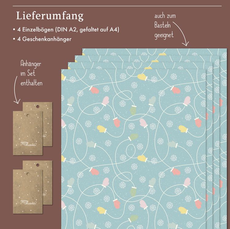 Produktbild: Geschenkpapier Set Weihnachten: Handschuhe (blau, rosa) f&uuml;r Kinder und Erwachsene