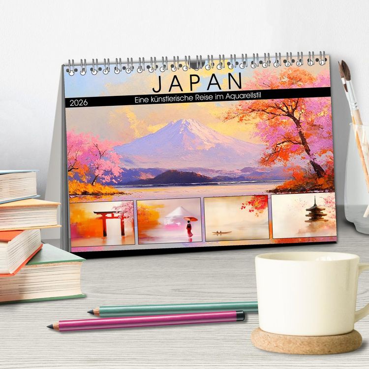 Produktbild: Japan. Eine k&uuml;nstlerische Reise im Aquarellstil (Tischkalender 2026 DIN A5 quer), CALVENDO Monatskalender