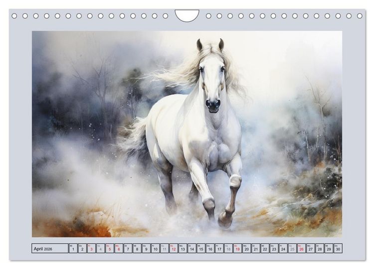 Produktbild: Anmutige Schimmel. &Auml;sthetik wei&szlig;er Aquarell-Pferde (Wandkalender 2026 DIN A4 quer), CALVENDO Monatskalender