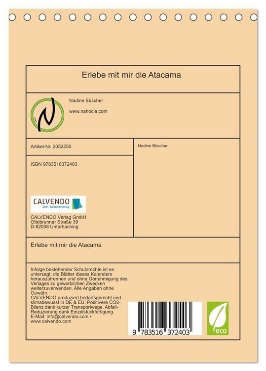 Produktbild: Erlebe mit mir die Atacama (Tischkalender 2026 DIN A5 hoch), CALVENDO Monatskalender