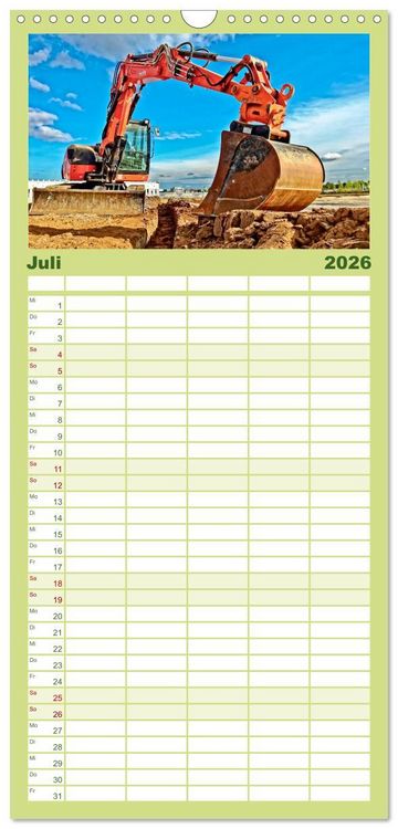 Produktbild: Familienplaner 2026 - Bagger - kraftvolle Arbeitsmaschinen mit 5 Spalten (Wandkalender, 21 x 45 cm) CALVENDO