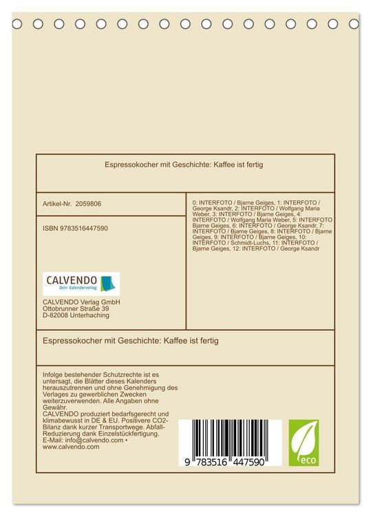 Produktbild: Espressokocher mit Geschichte: Kaffee ist fertig (Tischkalender 2026 DIN A5 hoch), CALVENDO Monatskalender
