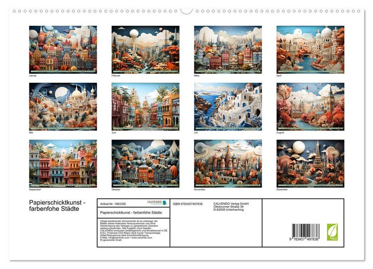 Produktbild: Papierschicktkunst - farbenfohe St&auml;dte (hochwertiger Premium Wandkalender 2026 DIN A2 quer), Kunstdruck in Hochglanz