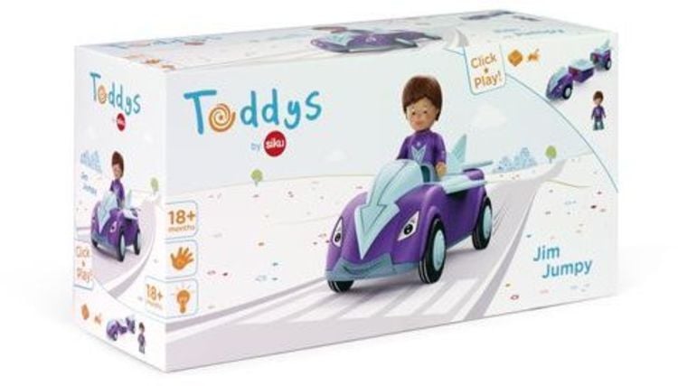 Produktbild: SIKU 0114 - Toddys, Jum Jumpy, Spielzeugauto mit R&uuml;ckziehmotor und Spielfigur, lila/t&uuml;rkis