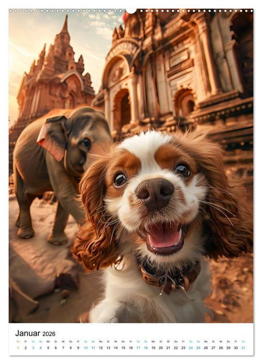 Produktbild: Cavalier King Charles Spaniel - Lustige Weltenreise im Selfie-Modus (hochwertiger Premium Wandkalender 2026 DIN A2 hoch), Kunstdruck in Hochglanz