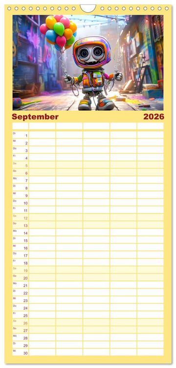 Produktbild: Familienplaner 2026 - Die Welt der kleinen Robots mit 5 Spalten (Wandkalender, 21 x 45 cm) CALVENDO