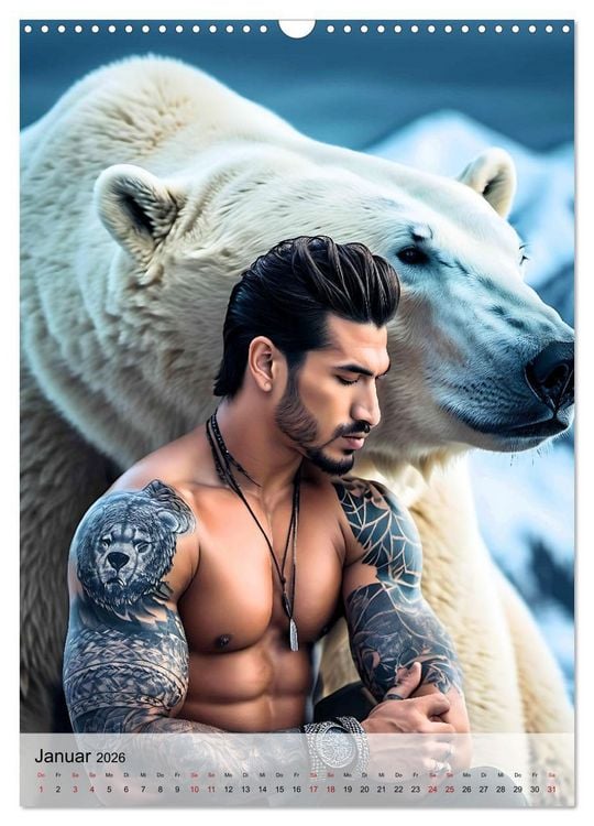 Produktbild: Verwegene Kerle - Muskeln, Tattoos und wilde Tiere (Wandkalender 2026 DIN A3 hoch), CALVENDO Monatskalender