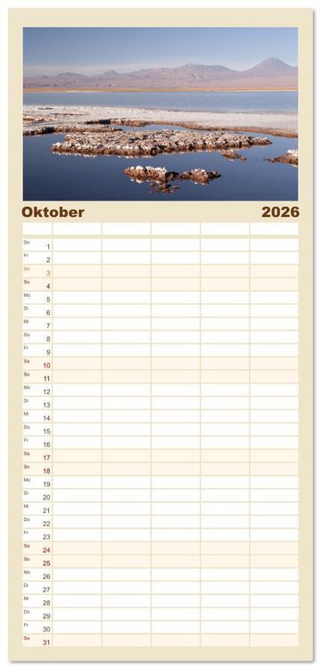 Produktbild: Familienplaner 2026 - Die Farben der Anden - Argentinien und Chile mit 5 Spalten (Wandkalender, 21 x 45 cm) CALVENDO