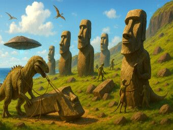 Produktbild: CALVENDO Puzzle Moai-Statuen - Dinos auf Baustellenkurs | 1000 Teile Lege-Gr&ouml;&szlig;e 64x48cm Foto-Puzzle f&uuml;r gl&uuml;ckliche Stunden