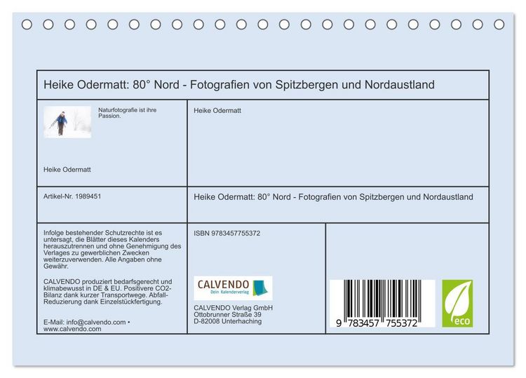 Produktbild: Heike Odermatt: 80&deg; Nord - Fotografien von Spitzbergen und Nordaustland (Tischkalender 2026 DIN A5 quer), CALVENDO Monatskalender