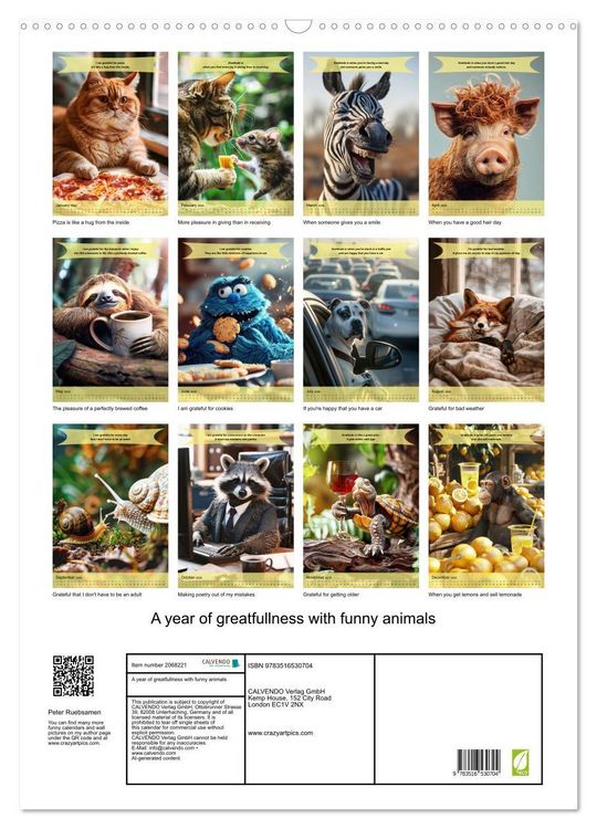Produktbild: A year of greatfullness with funny animals (Wall Calendar 2026 DIN A2 portrait), CALVENDO 12 Month Wall Calendar