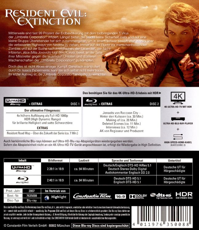 Produktbild: Resident Evil: Extinction (4K Ultra HD) (+ Blu-ray 2D)