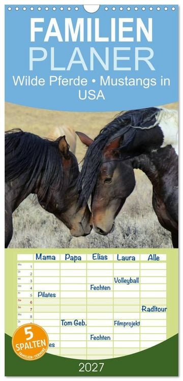 Produktbild: Familienplaner 2027 - Wilde Pferde &bull; Mustangs in USA mit 5 Spalten (Wandkalender, 21 x 45 cm) CALVENDO