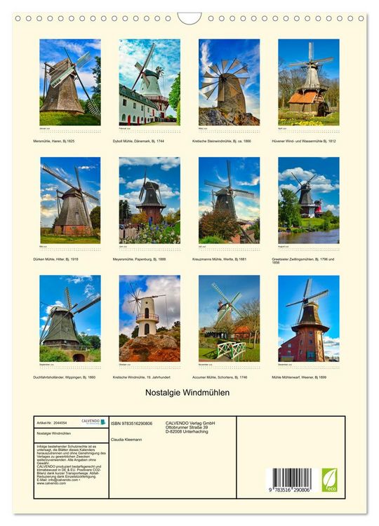 Produktbild: Nostalgie Windm&uuml;hlen (Wandkalender 2026 DIN A3 hoch), CALVENDO Monatskalender