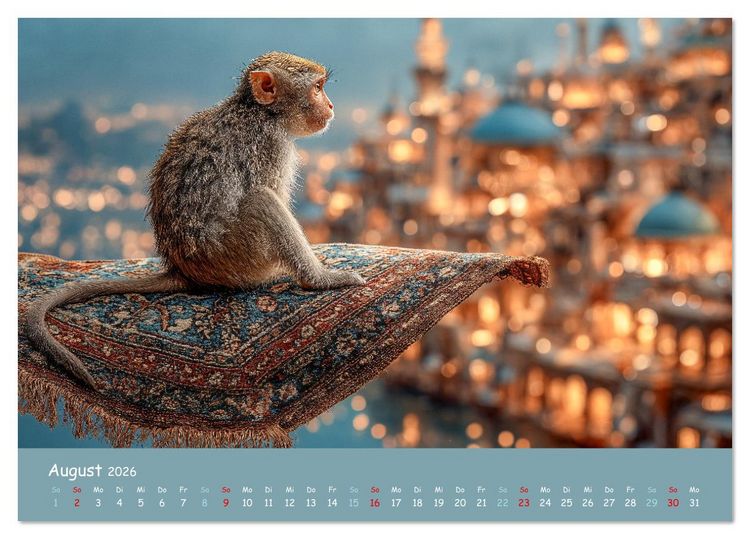 Produktbild: Tierisch hoch hinaus - Fantastische Tiere auf fliegenden Teppichen (Tischkalender 2026 DIN A5 quer), CALVENDO Monatskalender