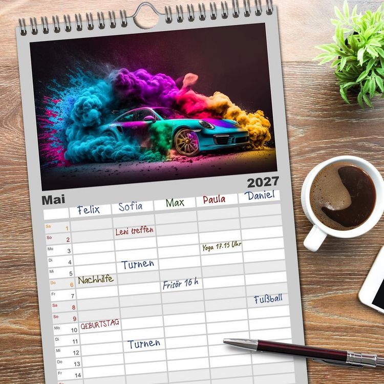 Produktbild: Familienplaner 2027 - Supercars im Farbenrausch mit 5 Spalten (Wandkalender, 21 x 45 cm) CALVENDO
