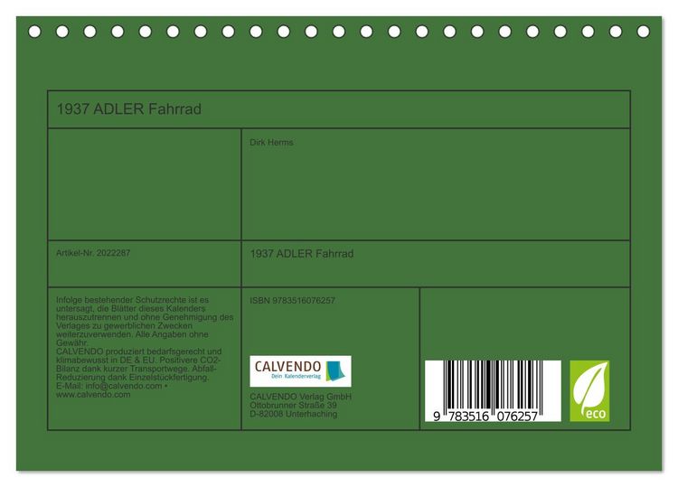 Produktbild: 1937 ADLER Fahrrad (Tischkalender 2026 DIN A5 quer), CALVENDO Monatskalender