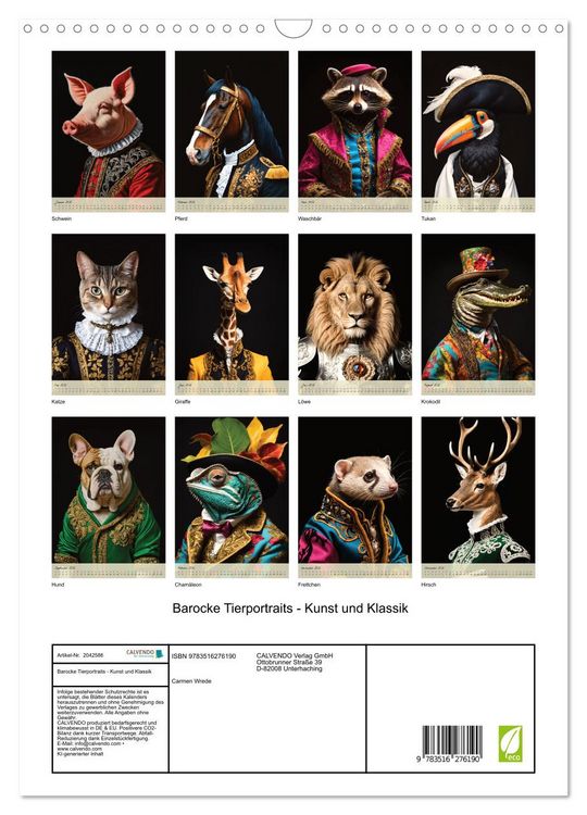Produktbild: Barocke Tierportraits - Kunst und Klassik (Wandkalender 2026 DIN A3 hoch), CALVENDO Monatskalender