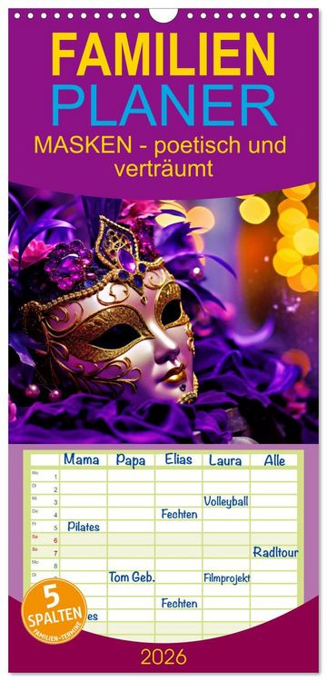 Produktbild: Familienplaner 2026 - MASKEN - poetisch und vertr&auml;umt mit 5 Spalten (Wandkalender, 21 x 45 cm) CALVENDO